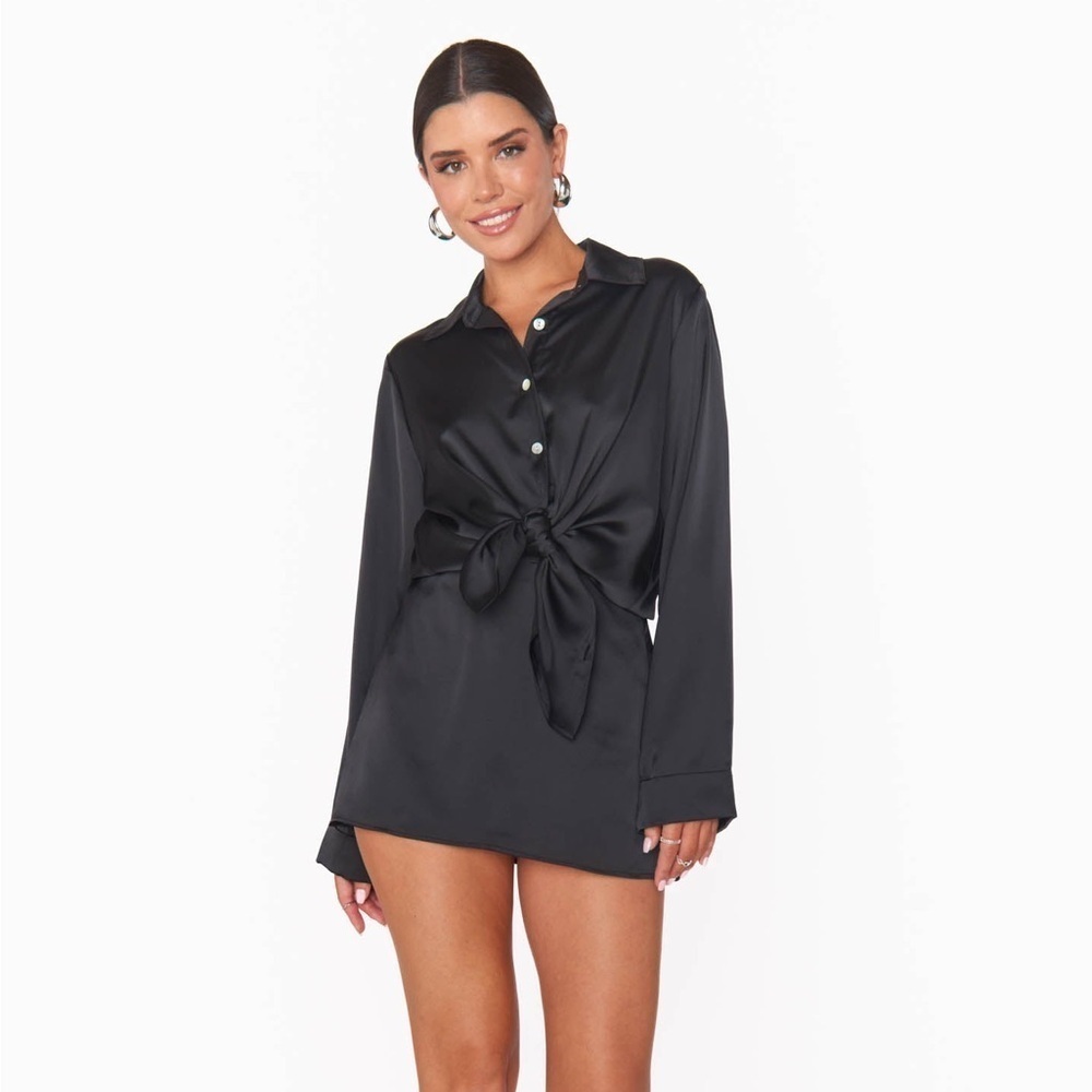 SHOW ME YOUR MUMU Smith Button Down In Black Luxe Satin - Picture 6 of 7